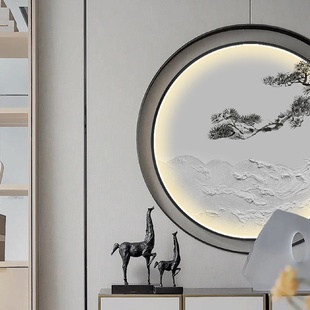 客厅装 新中式 饰画圆形led灯玄关走廊挂画迎客松油画立体浮雕海浪