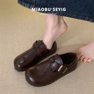 女复古一脚蹬懒人鞋 真皮全包勃肯鞋 女平底单鞋 乐福鞋 子 女2025新款