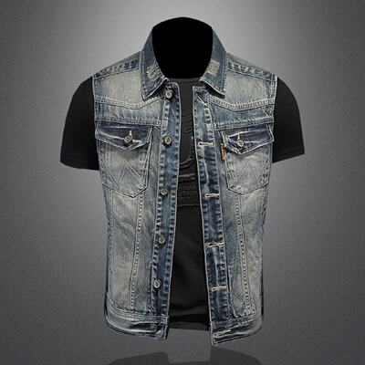 欧洲站牛仔马甲男士春秋季新款复古怀旧无袖马夹坎肩背心休闲外套