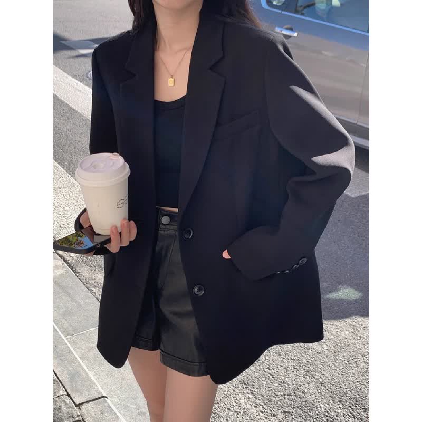 2025春秋韩版黑色西装外套女宽松休闲覆古显瘦小个子纯色西服上衣