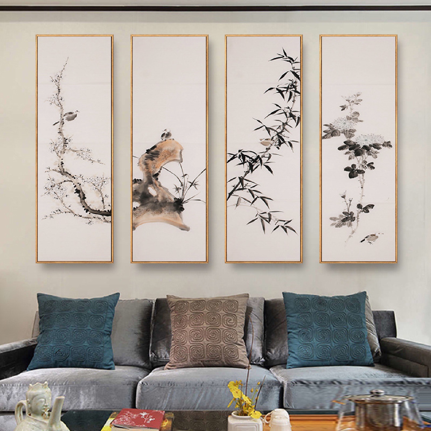 中国风中式挂画梅兰竹菊四联装饰画客厅画茶室办公室壁画装饰字画