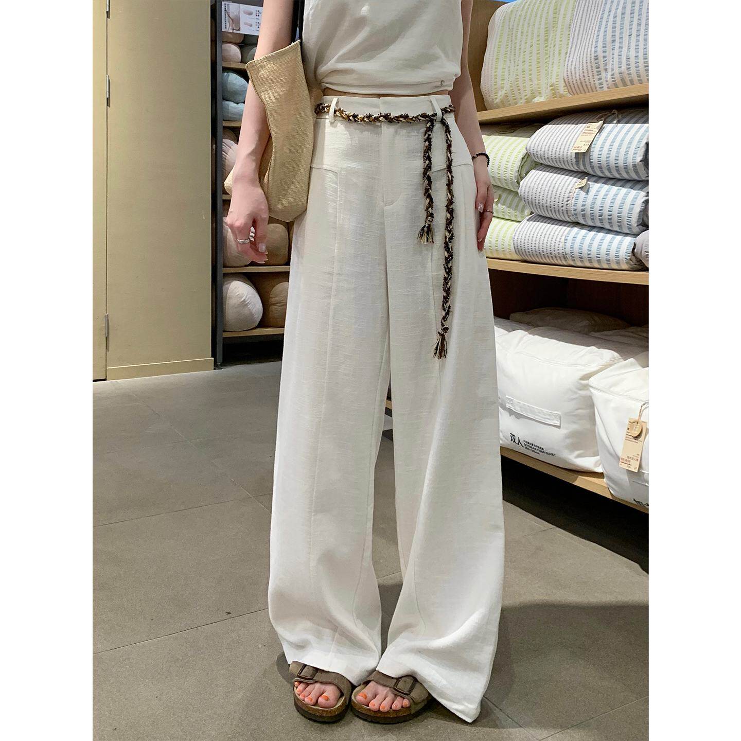 白色苎亚麻感阔腿裤女夏季薄款高腰垂感老钱风西装直筒棉麻休闲裤