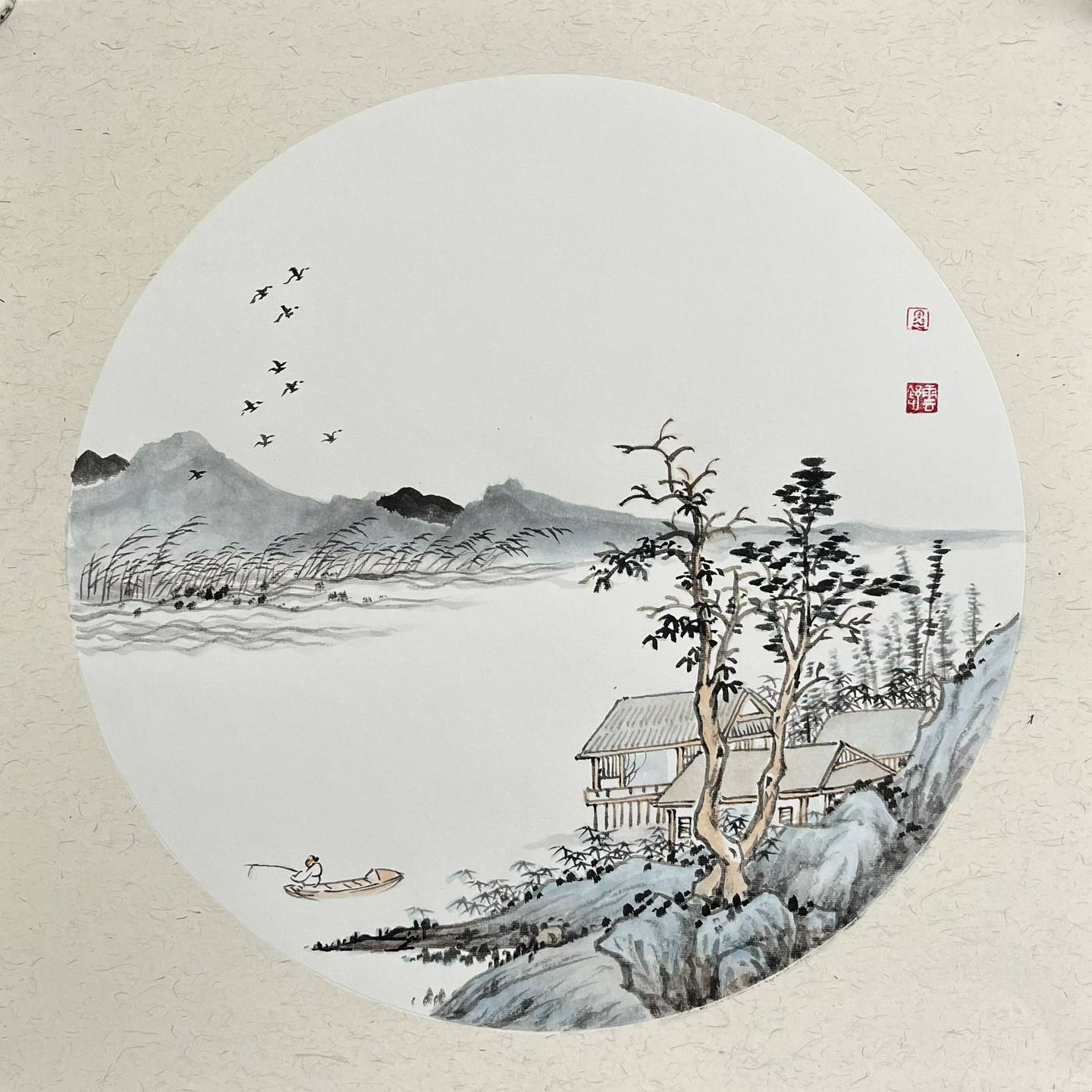 纯手绘斗方山水画水墨国画办公室客厅沙发正方形壁画玄关挂画真迹