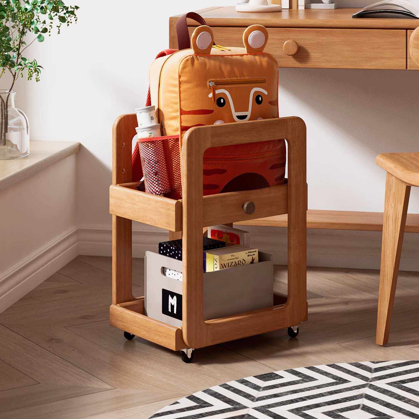 全实木儿童蒙氏书包架桌旁桌下可移动书架收纳小推车放书包置