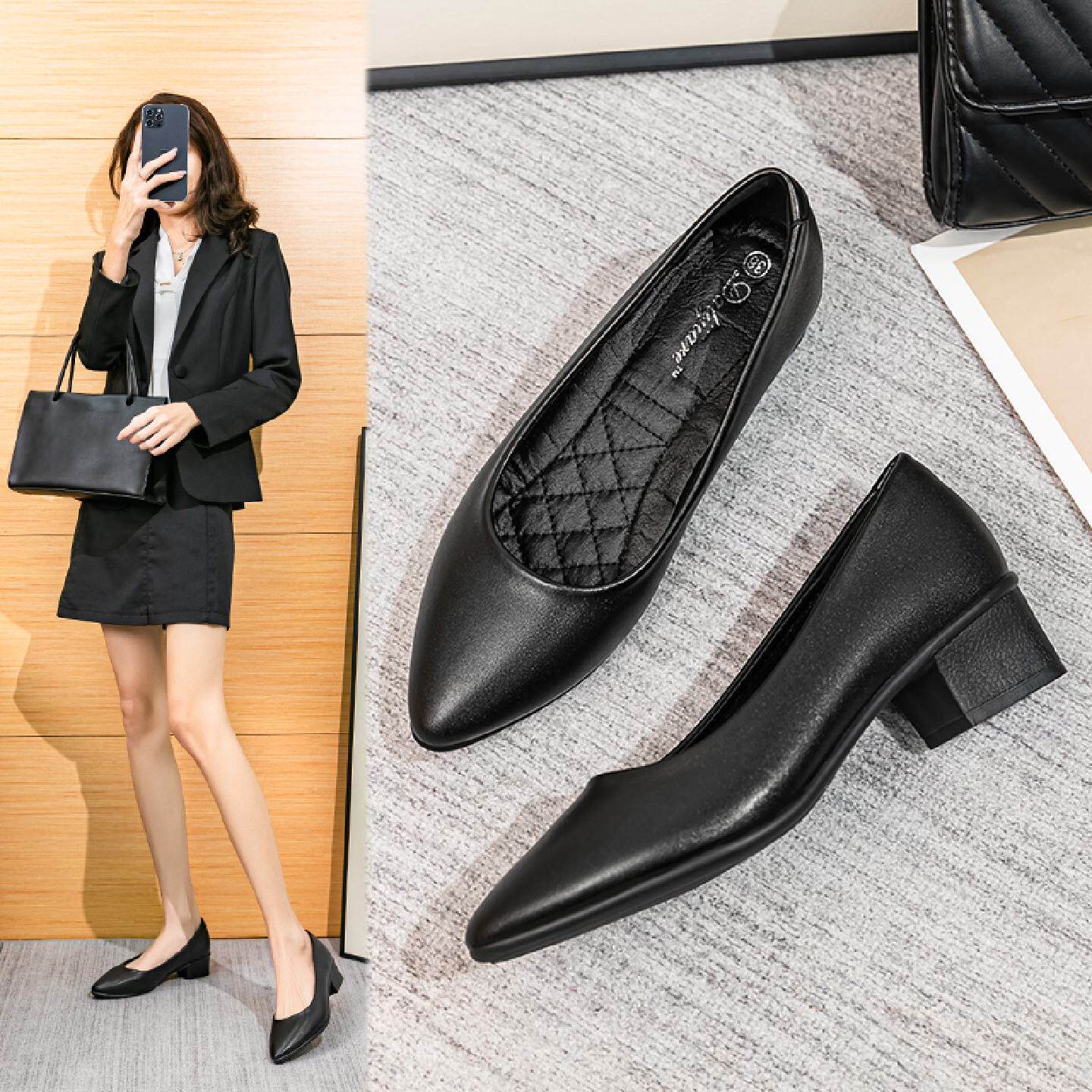 通勤女鞋粗跟尖头静音单鞋浅口中跟工作鞋黑色上班职业面试工装鞋