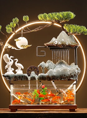 玻璃小金鱼缸创意流水财富摆件流通办公室桌面客厅开幕礼品