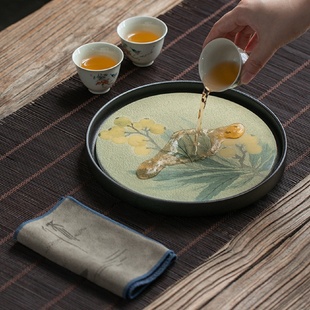 陶瓷圆形速干吸水茶盘陶瓷茶托盘小型家用壶承干泡台茶道配件