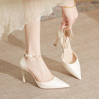 凉鞋女款2026新款夏季外穿细跟单鞋尖头浅口不累脚米白色高跟鞋子