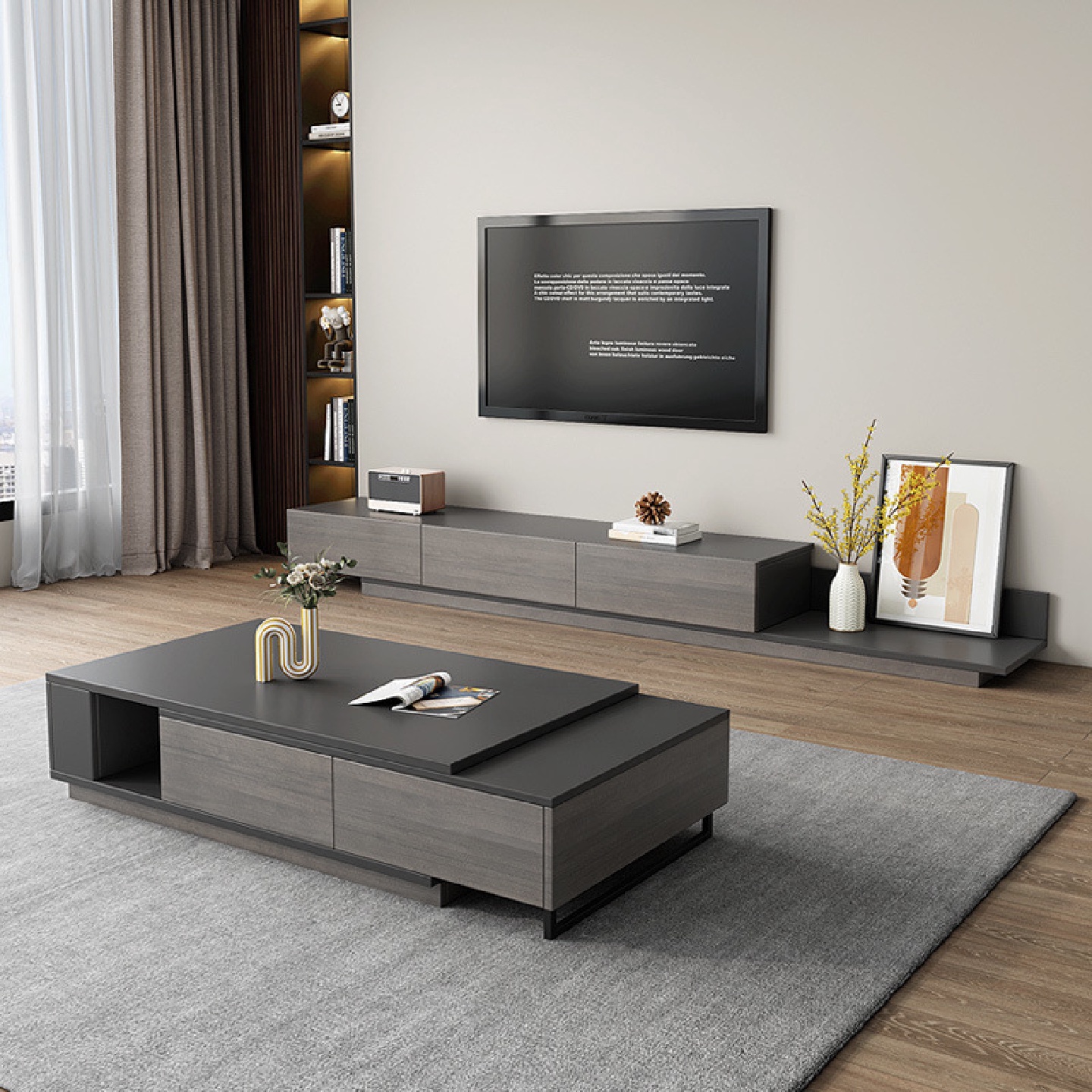 可伸缩茶几电视柜组合现代简约风格客厅高档家用轻奢茶桌储物柜