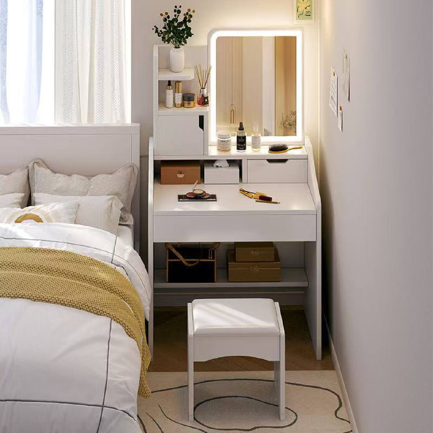 卧室梳妆台小户型现代简约收纳置物化妆桌带灯一体带镜妆凳组合桌