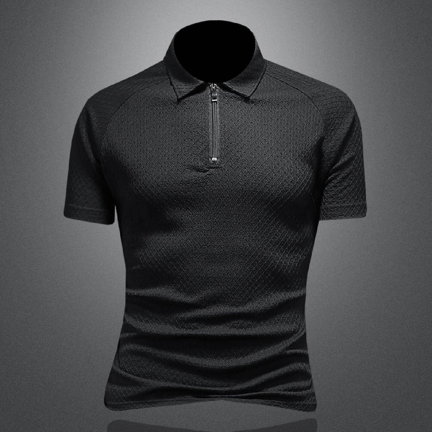 轻奢短袖衫男夏季薄款泡泡纱网格半拉链冰丝修身翻领弹力恤潮男装