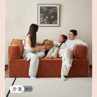 双三人折叠两用沙发床小户型复古模块 中古风布艺沙发客厅直排美式