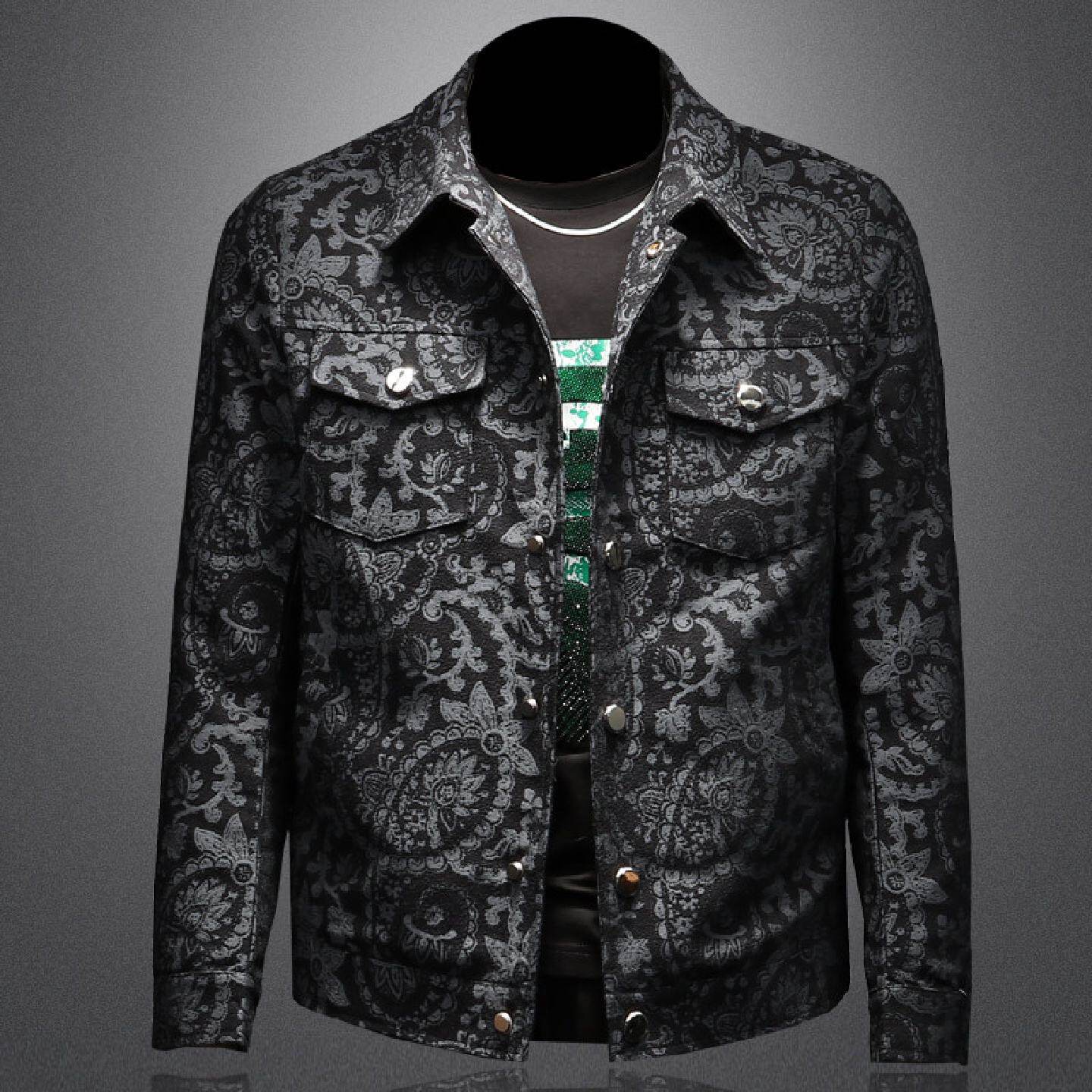 2026欧洲站翻领休闲外套男士春秋季新款潮牌提花上衣时尚修身个性