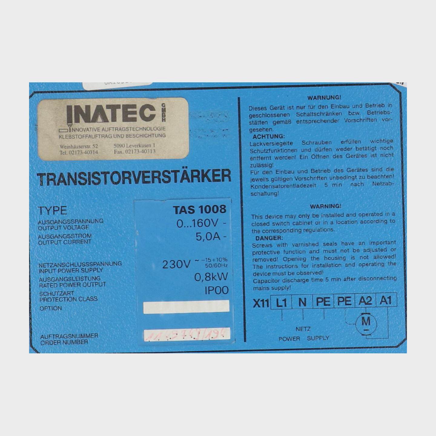 Inatec TAS1008 Input Power Supply 230V Variable Speed Drive