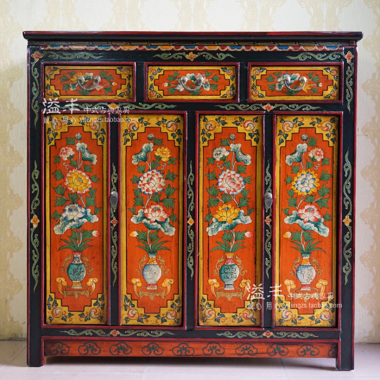 现代新中式仿古实木榆木彩绘彩漆鞋柜明清手绘藏式玄关客厅储物柜