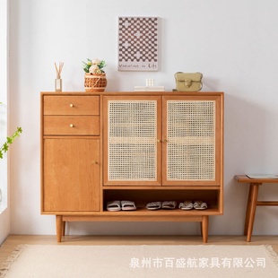 北欧实木入户藤编鞋 柜 柜家用门口樱桃木透气鞋 柜靠墙双开门藤编鞋