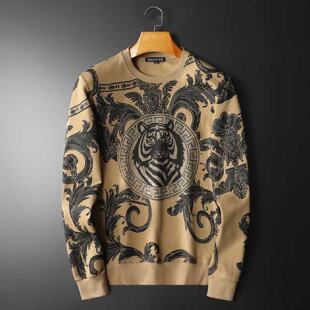 欧货潮牌烫钻长袖卫衣男春秋款青少年大码打底衫欧洲站圆领体恤衫