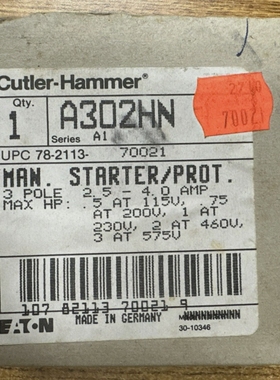 CUTLER-HAMMERA302HNMANUALSTARTERPROTECTOR3P2.5-4.0A.5