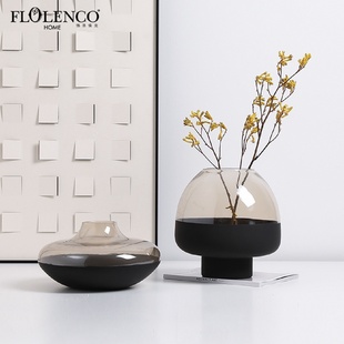 饰品 现代简约宽口双色玻璃花瓶样板房客厅插花器餐桌电视柜创意装