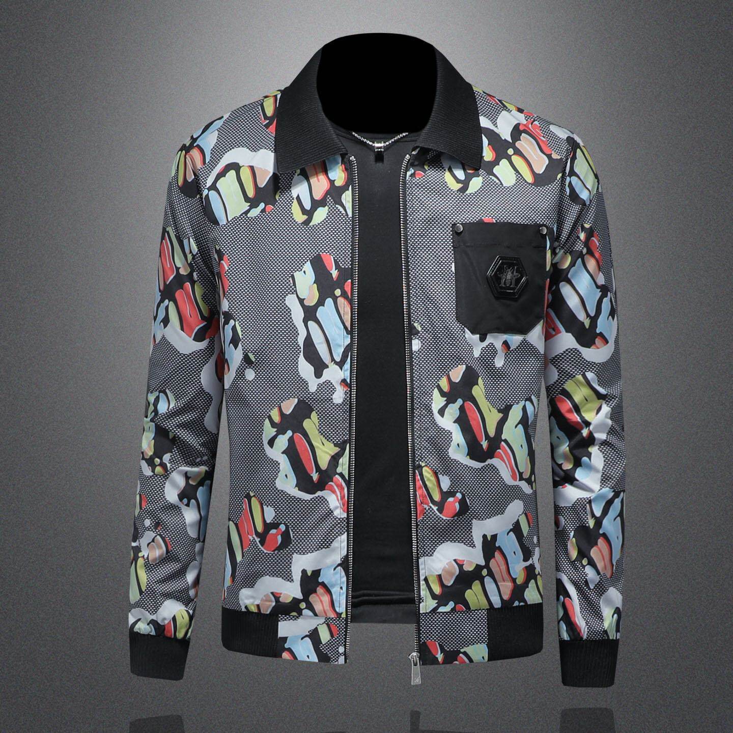 欧货高端夹克男士翻领上衣休闲百搭印花时尚潮牌轻奢秋冬新款外套