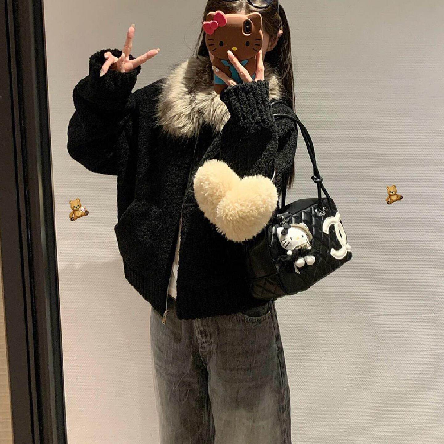 高级时尚狐狸毛领环保皮草女冬短款黑色皮毛一体羊羔绒毛毛厚外套