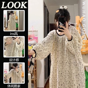 少女甜美可爱网红长袖睡裙女卡通可爱小兔头圆领翠花连衣裙可外穿