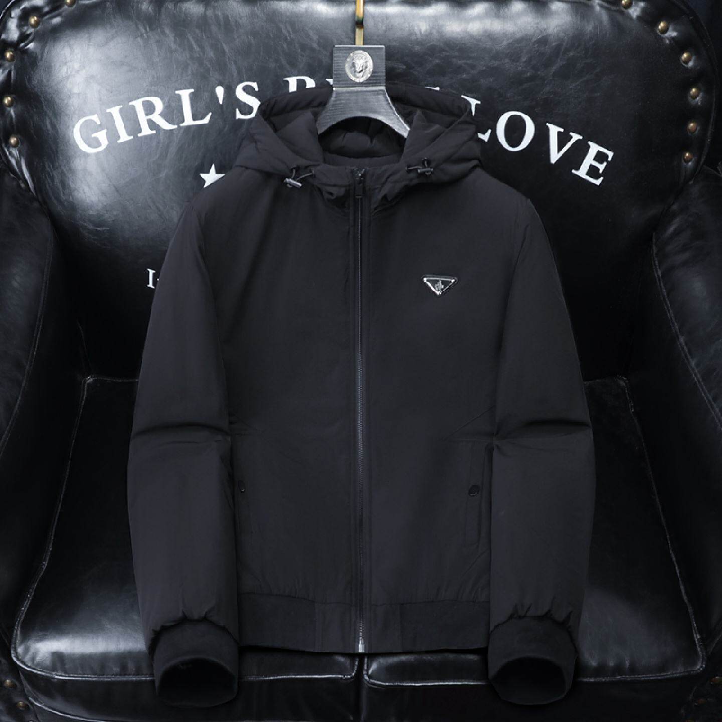 欧洲站秋冬季薄款加棉夹克男士潮牌三角标纯色修身棉衣男连帽外套