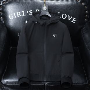 欧洲站秋冬季薄款加棉夹克男士潮牌三角标纯色修身棉衣男连帽外套