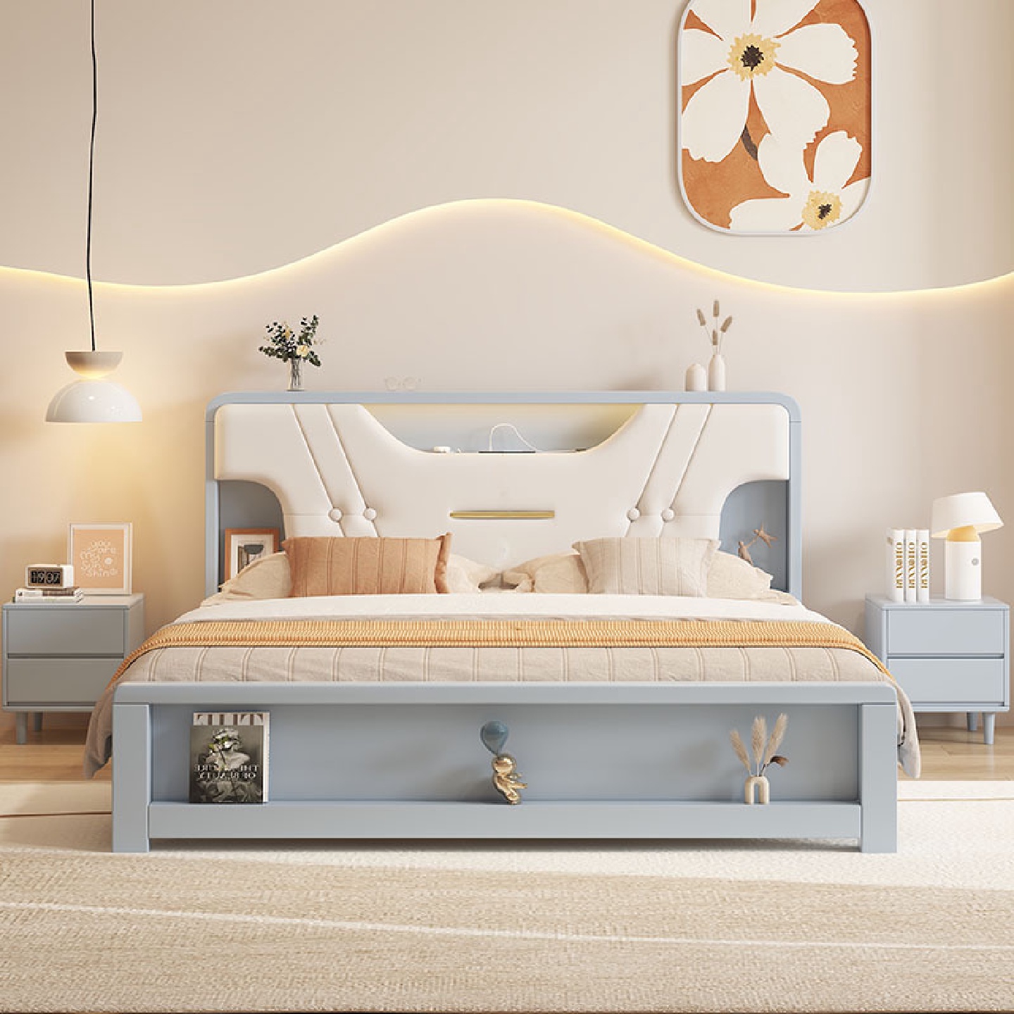 现代简约实木床奶油风1.8m双人主卧婚床1.5米单人多功能储物大床