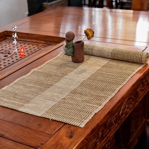 61K3中式古风手工茶席布苎麻镂空浅棕色禅意茶席布茶巾麻类桌旗桌