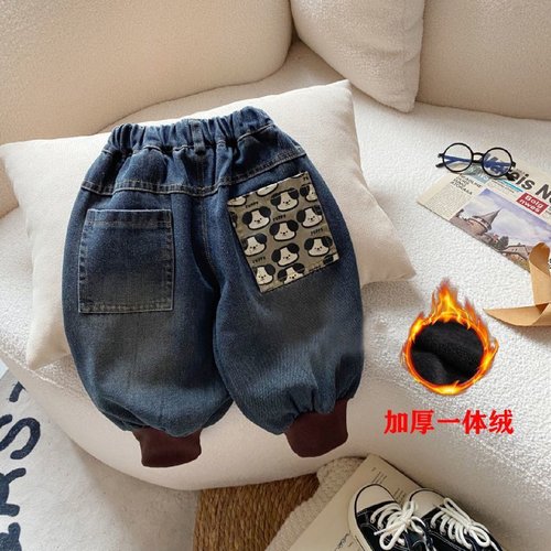 男童加绒牛仔裤2024秋冬新款儿童韩版帅气灯笼裤一体绒束脚哈伦裤