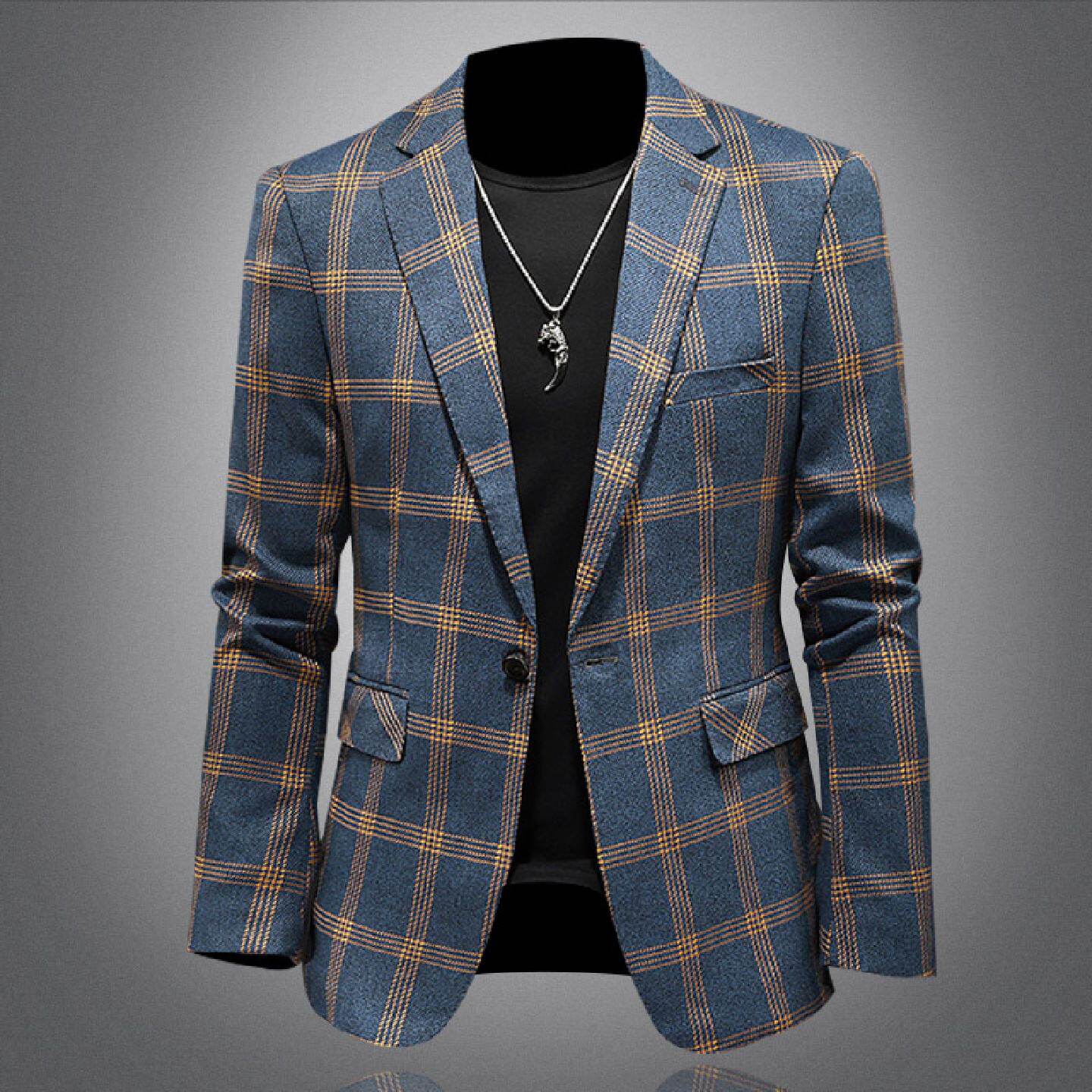 格子西装外套男士韩版修身帅气休闲单西便服潮流春秋大码商务西服