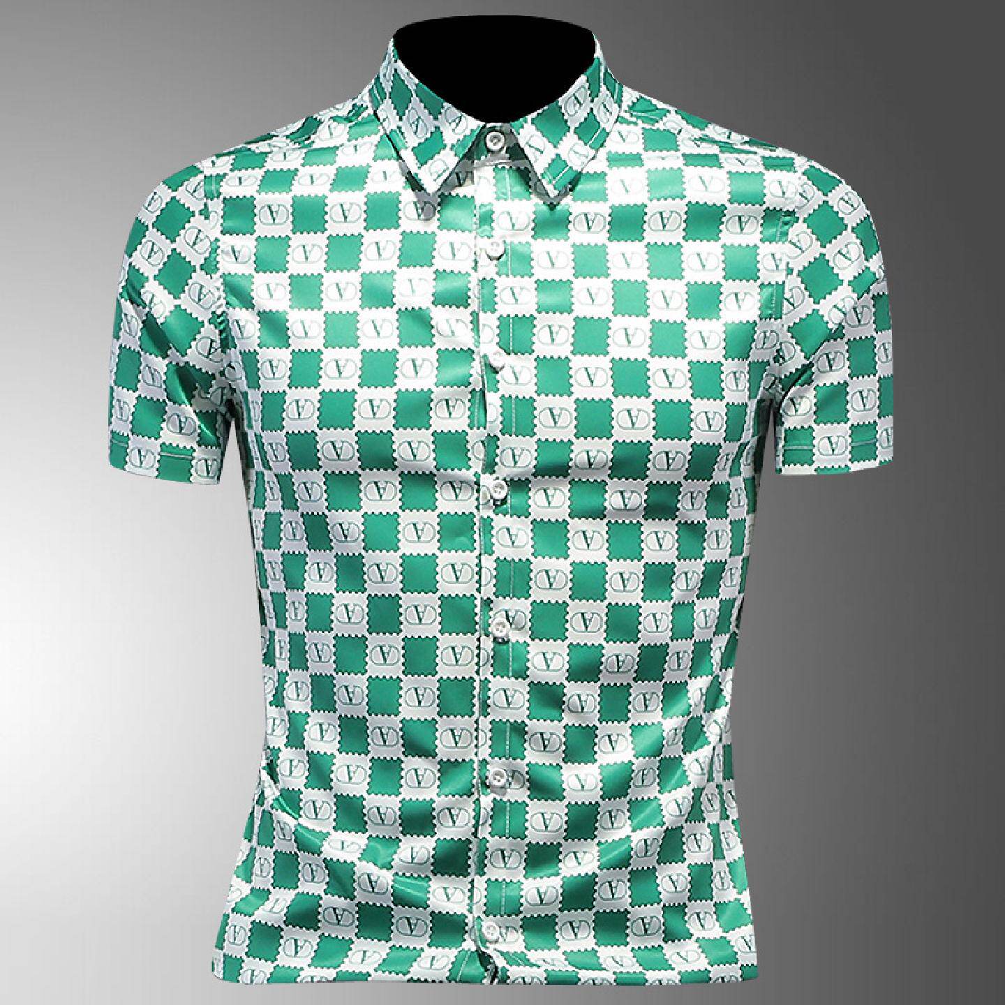 潮流格子印花短袖衬衫男装夏季新款半袖衬衣青年商务修身寸衫潮男