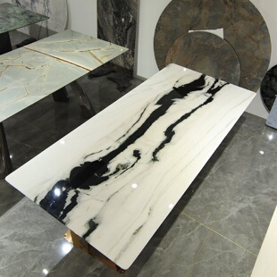 极简长方形家用饭桌高端设计师奢石餐桌 熊猫白天然大理石餐桌意式