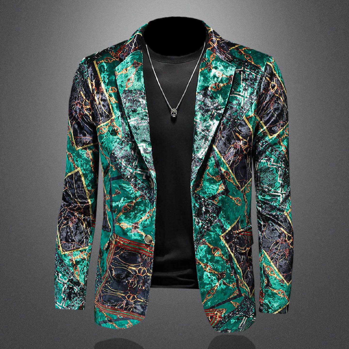 2026欧洲站西装外套男韩版修身休闲高档丝绒单件花色西服帅气长袖