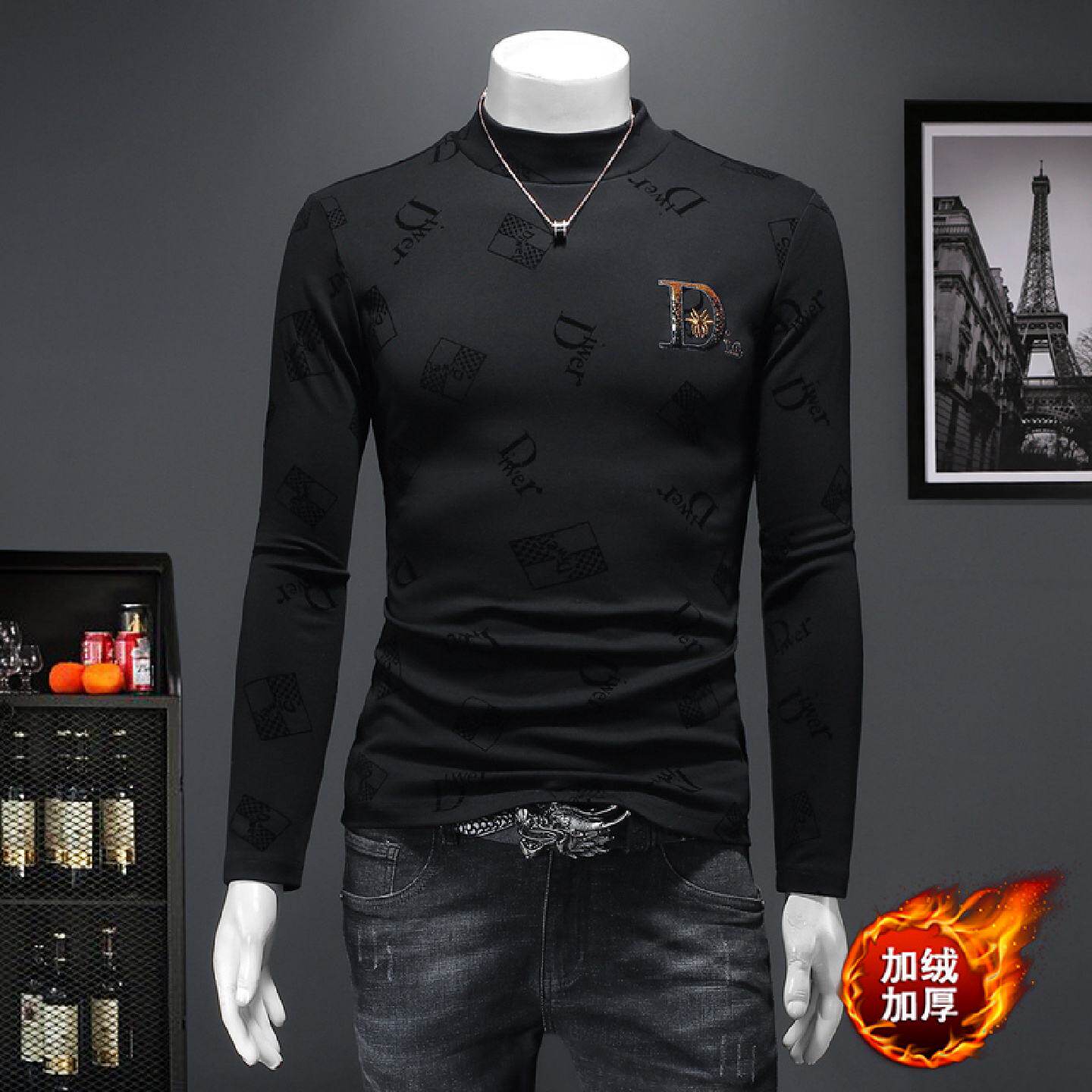薄绒长袖恤男半高领打底衫秋冬潮牌蜘蛛刺绣中领体恤小衫纯棉厚潮