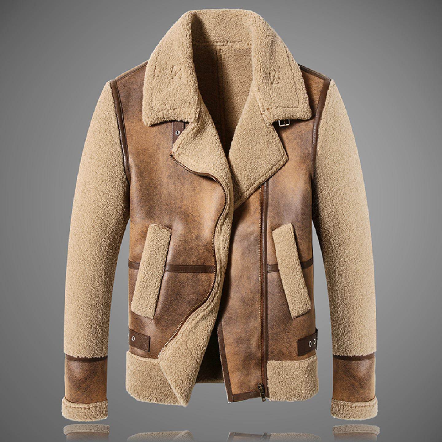 冬季麂皮绒加厚夹克男装羊羔绒皮毛一体保暖外套咖啡色大码加厚棉