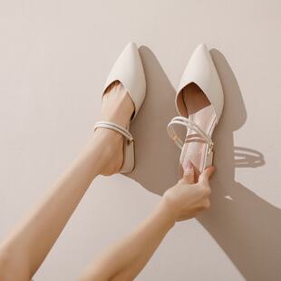 包头凉鞋女款夏季2026年新款尖头粗跟绝美半拖鞋外穿平底懒人单鞋