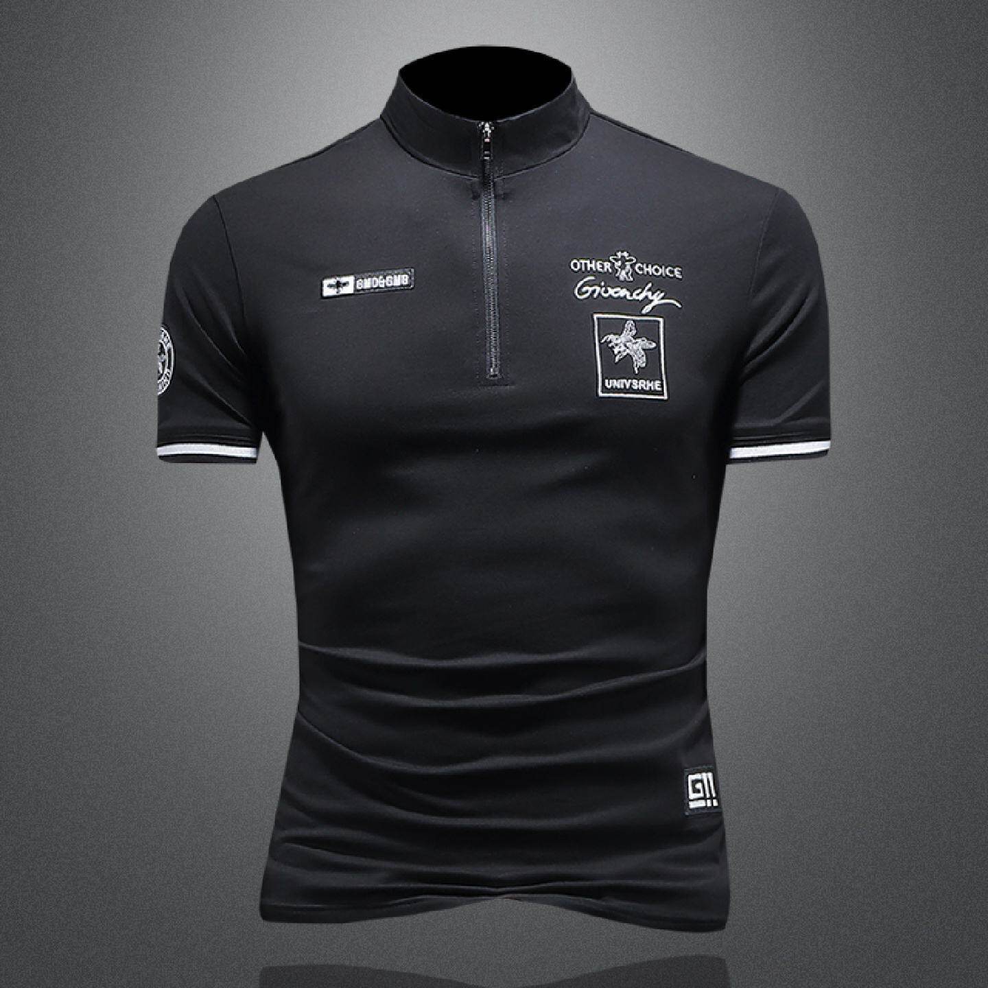 欧货高端立领男士短袖夏季新款恤潮牌半截袖拉链冰感恤衫上衣潮男