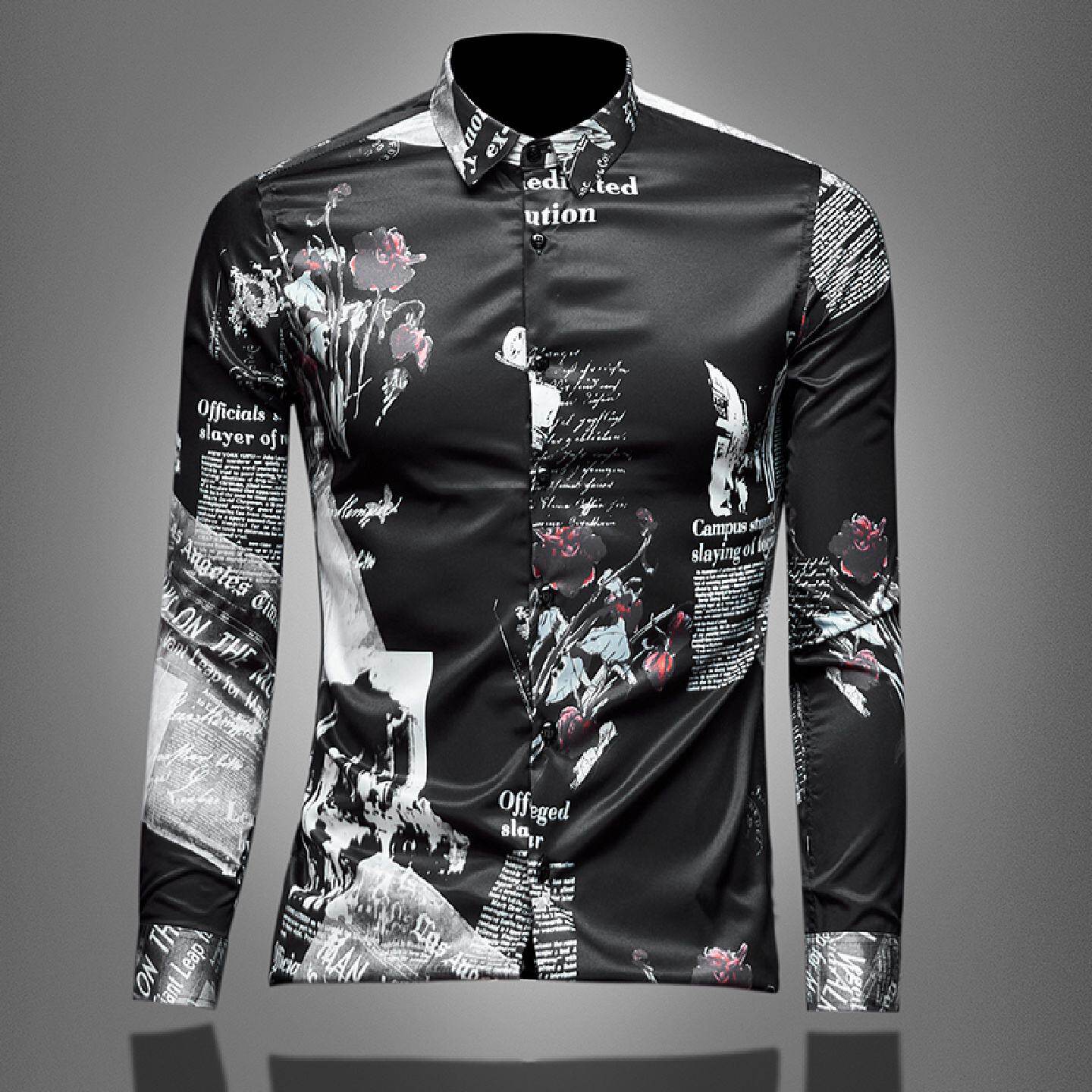 印花长袖衬衫男士春秋季新款潮流青年免烫修身欧洲站休闲衬衣潮男