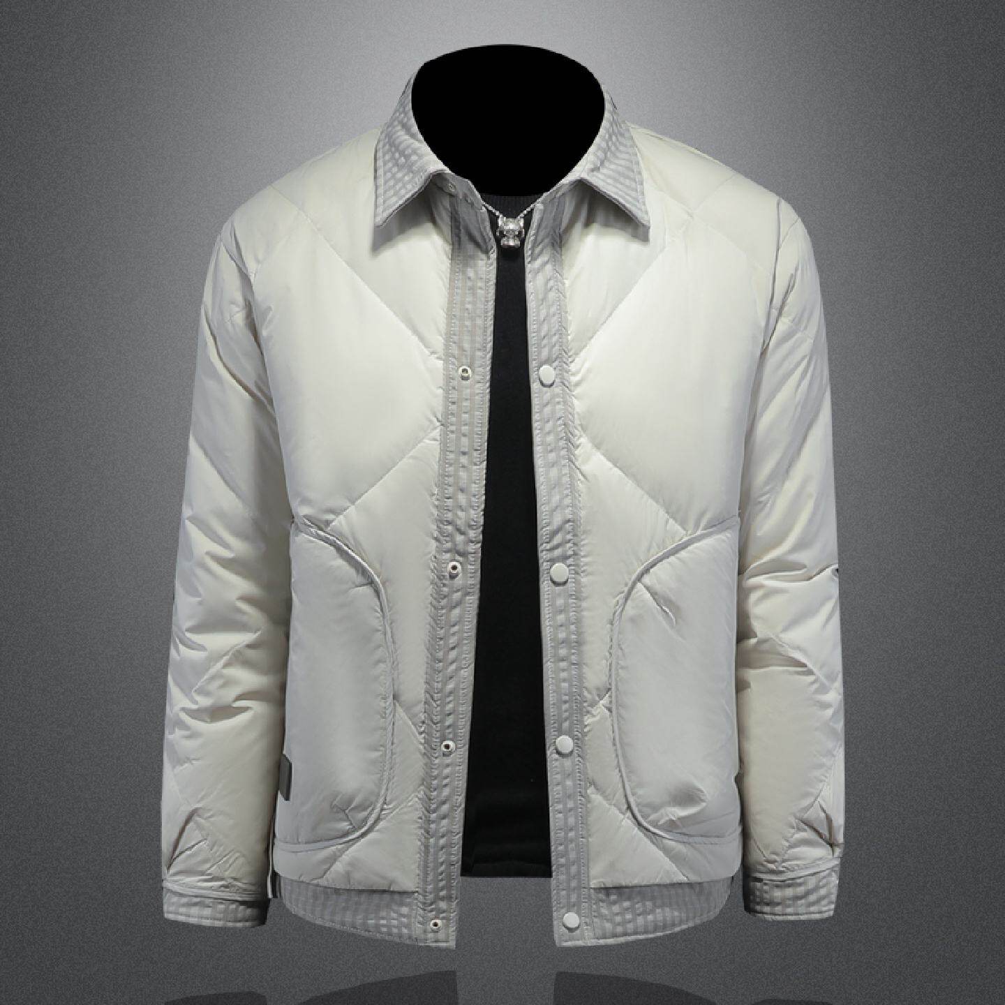 欧洲站假两件轻薄羽绒服男士年冬季新款保暖夹克衬衫领外套潮潮男