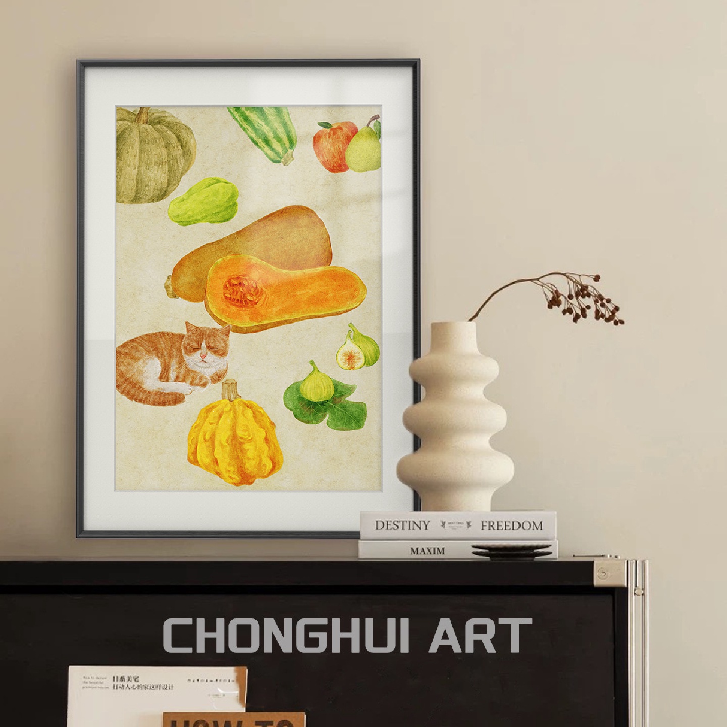 客厅餐厅装饰画复古猫咪挂画丰收图水果蔬菜艺术画沙发背景墙壁画图片