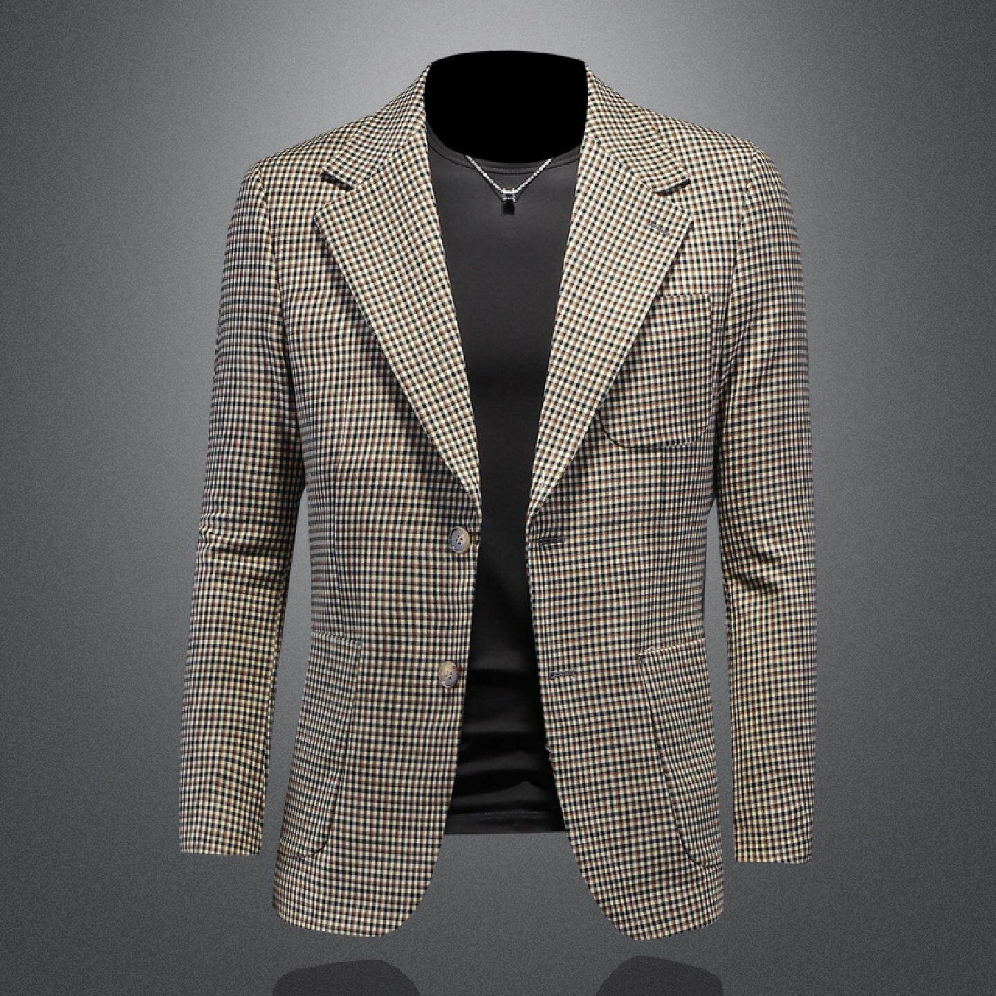 2026欧洲站休闲西服千鸟格外套男士春秋季新款商务修身单件格子西
