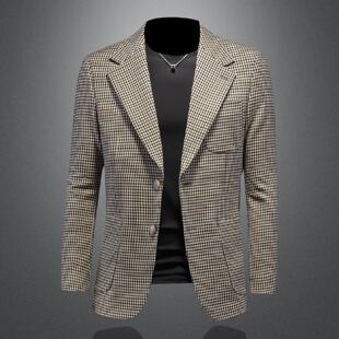 2026欧洲站休闲西服千鸟格外套男士春秋季新款商务修身单件格子西