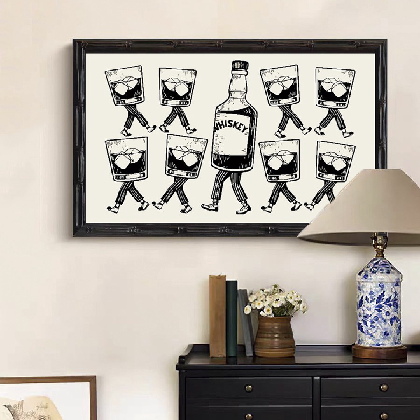 行走的WHISKEY复古素描韩风趣味装饰画餐厅吧台挂画中古实木酒吧图片