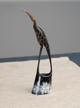 邱师傅手工雕刻真牛角仙鹤摆件新中式风格玄关艺术摆设送礼祝福工