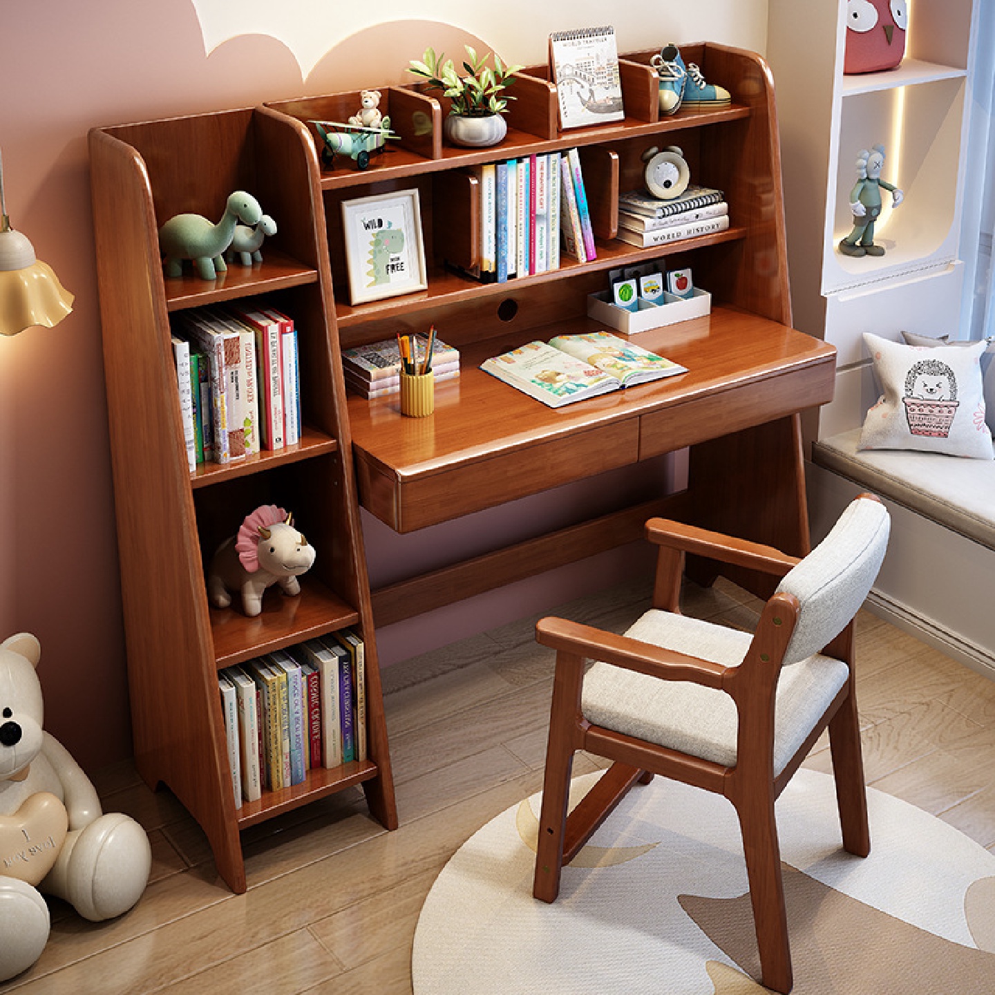 儿童书桌书架一体家用男孩实木学习桌带储物书柜组合小学生写字桌
