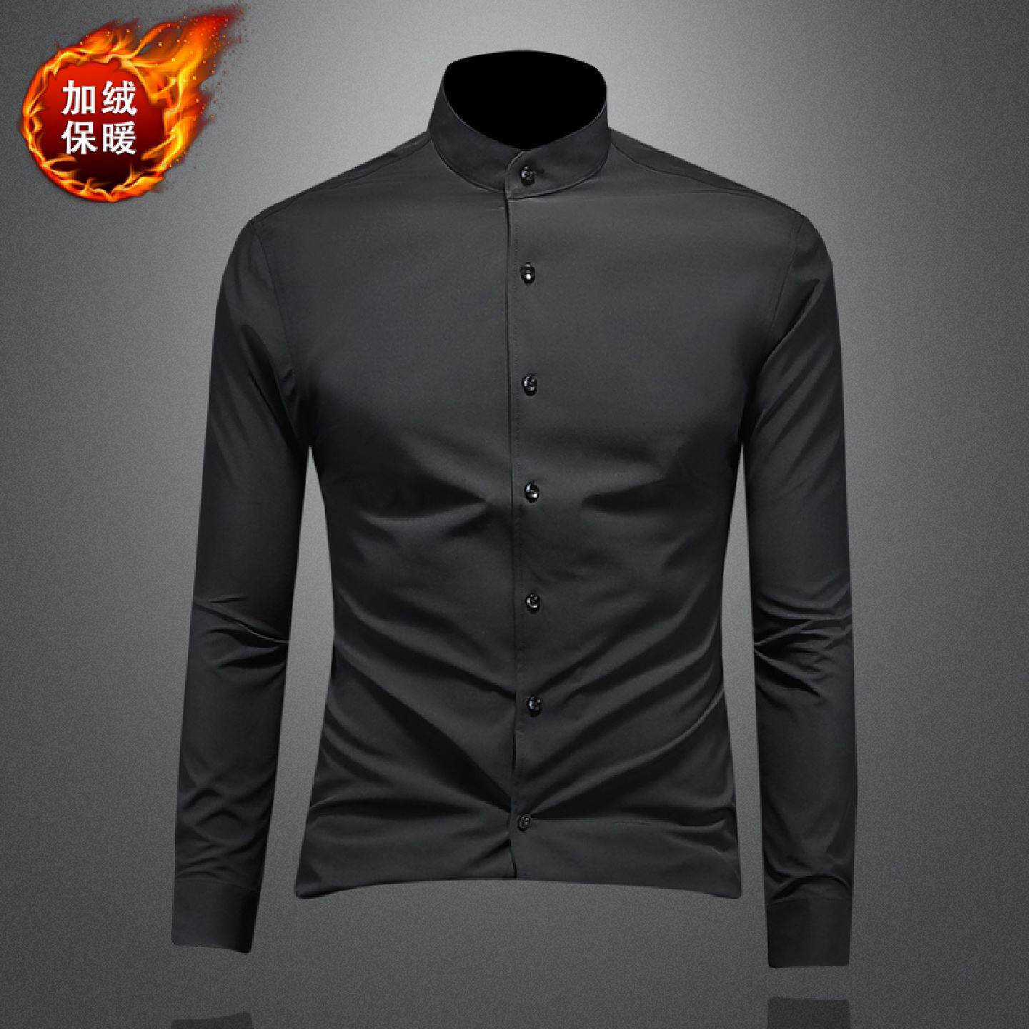 衬衫立领长袖男士秋冬季新款韩版修身商务休闲加绒加厚弹力衬衣潮