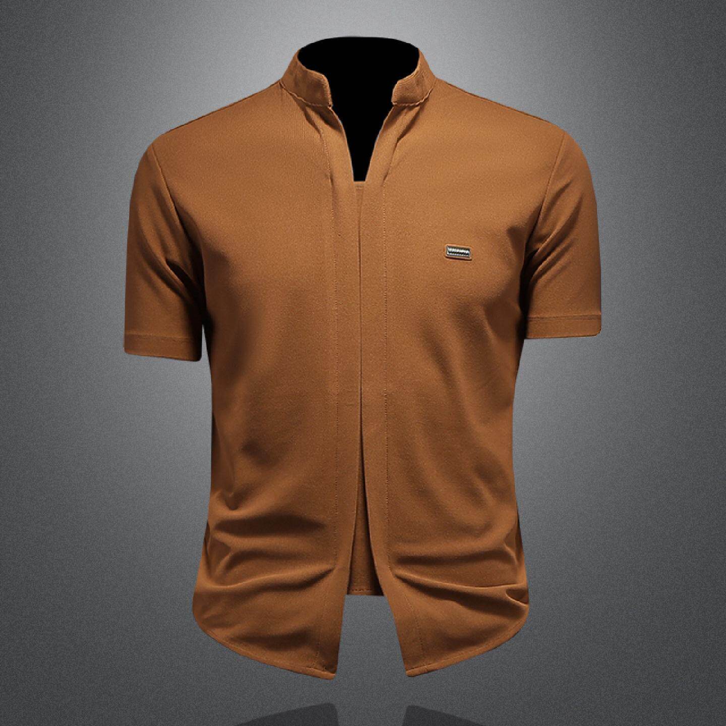 立领冰丝衬衫男短袖夏季新款薄款舒适凉感透气时尚痞帅华夫格衬衣