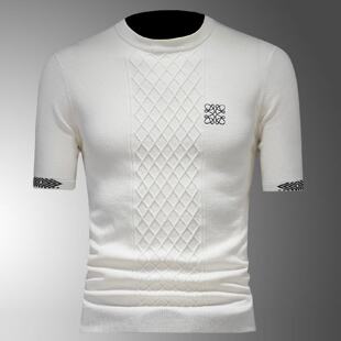 秋冬短袖羊毛衫男装欧洲站潮牌刺绣针织打底衫休闲修身半袖毛衣男